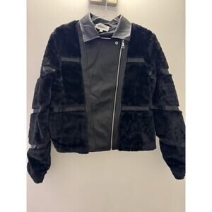 Vigoss Faux Shearling & Leather Collar Patched Cropped Jacket - Size Medium